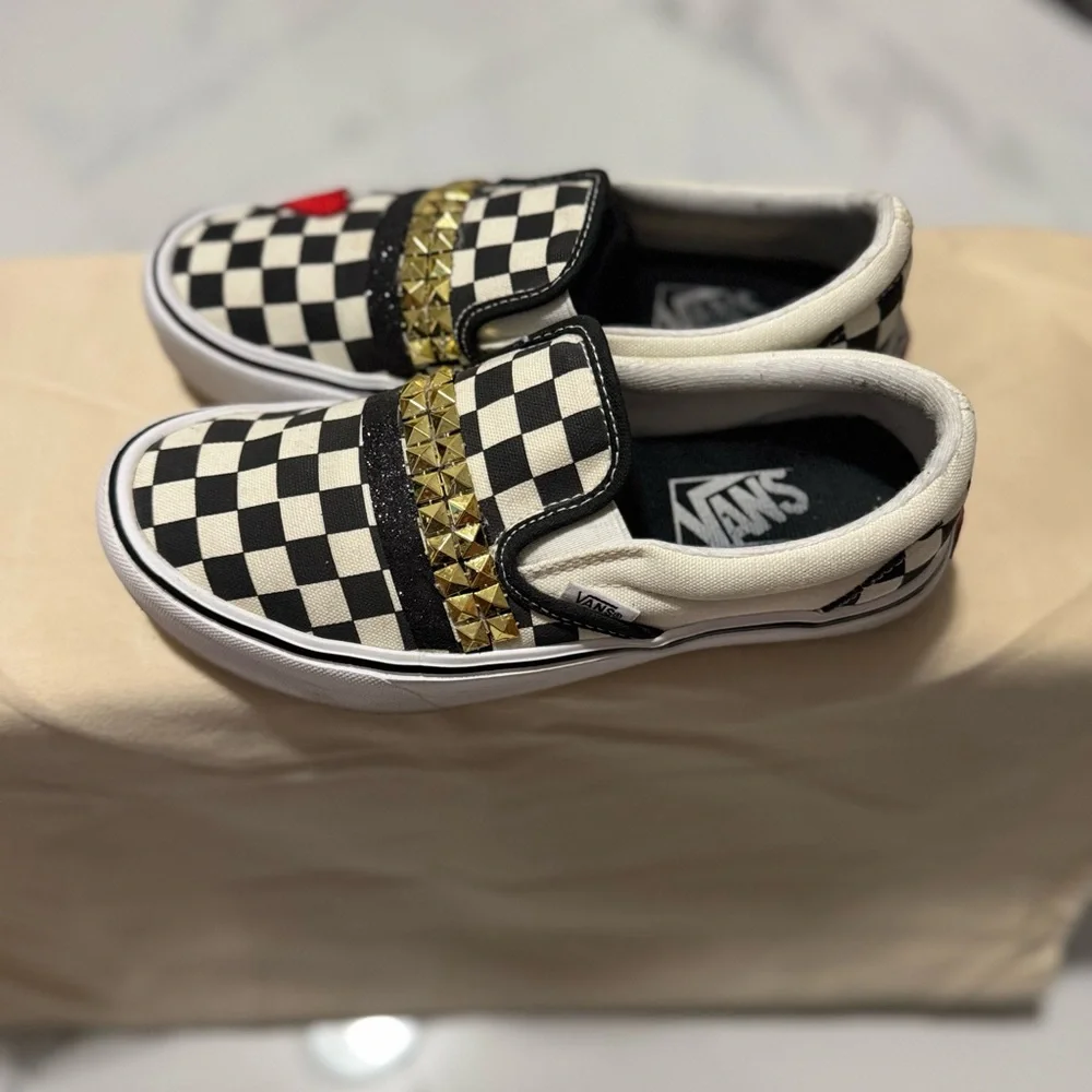 Vans Black and White Checkered Slip-Ons with Red Heart and Gold Studs - Picture 3 of 8